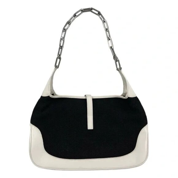 Gucci Jackie Chain Hobo Bag Black Canvas with White Leather Trim - Picture 2 of 6